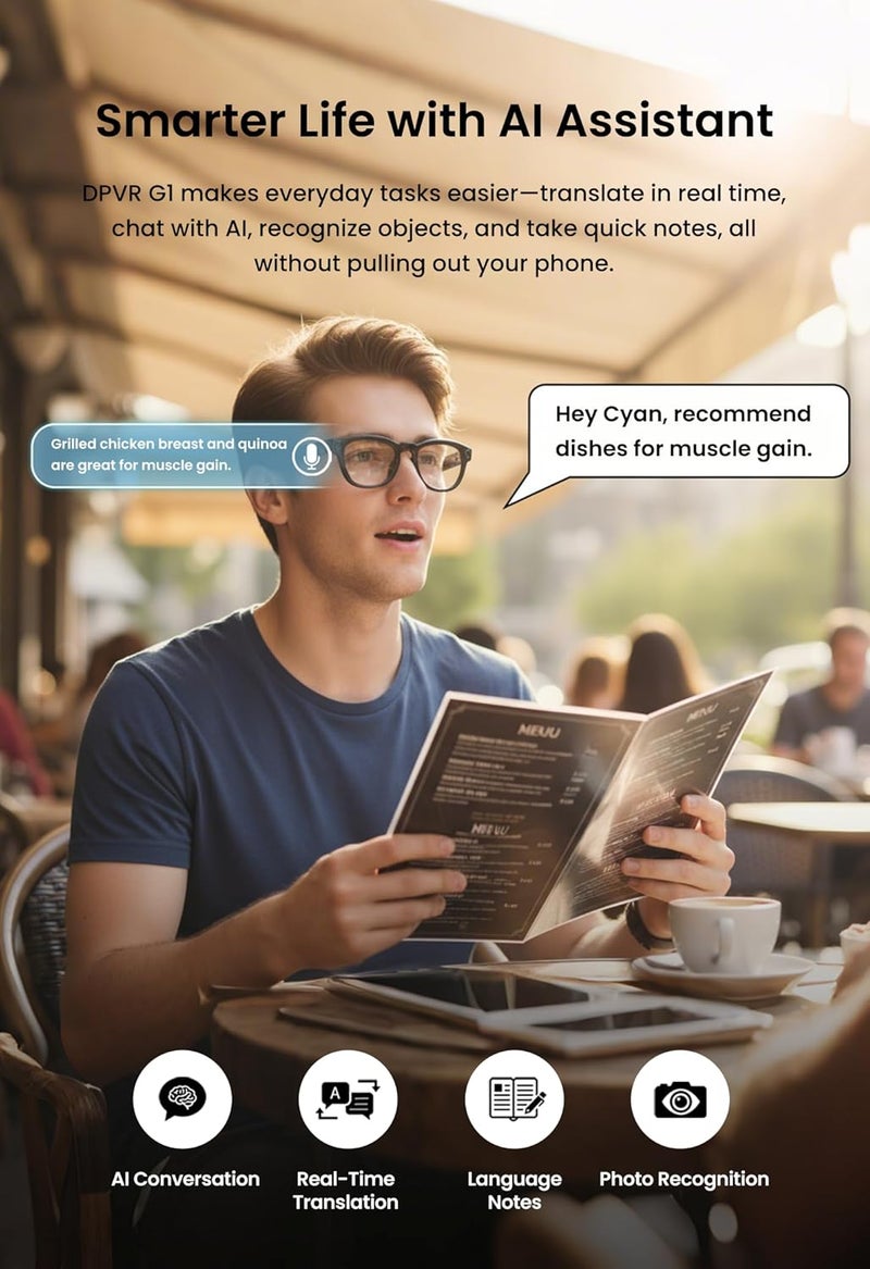 DPVR G1 Smart Glasses with Camera and Bluetooth – 8MP 32Gb Camera Glasses with AI Features, Real-Time Translation & Video Recording Glasses with Voice Control - Image 4